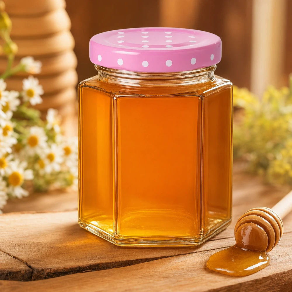 Miel naturel en pot hexagonal de 196 ml avec couvercle rose à pois BasicSeal à côté de la cuillère à miel sur une table en bois rustique