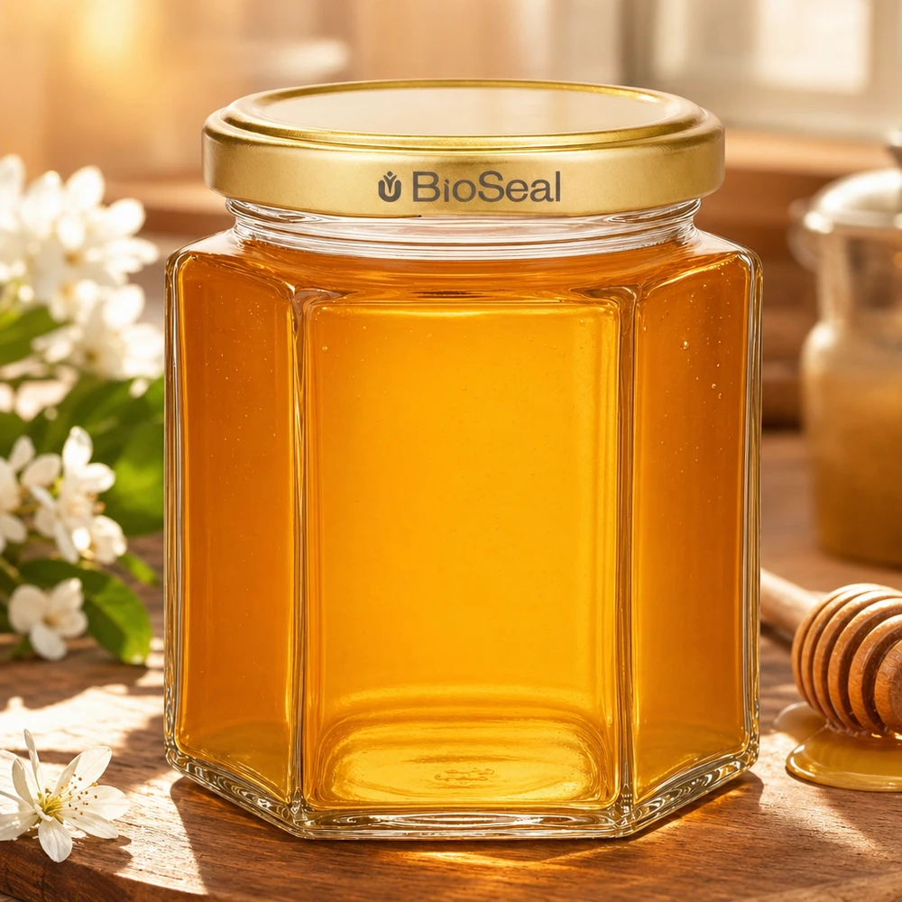 Pot à miel 250 g avec couvercle doré BioSeal UNiTWIST Pot de miel hexagonal de 250g rempli de miel doré Couvercle BioSeal Emballage apicole sur table en bois avec fleurs