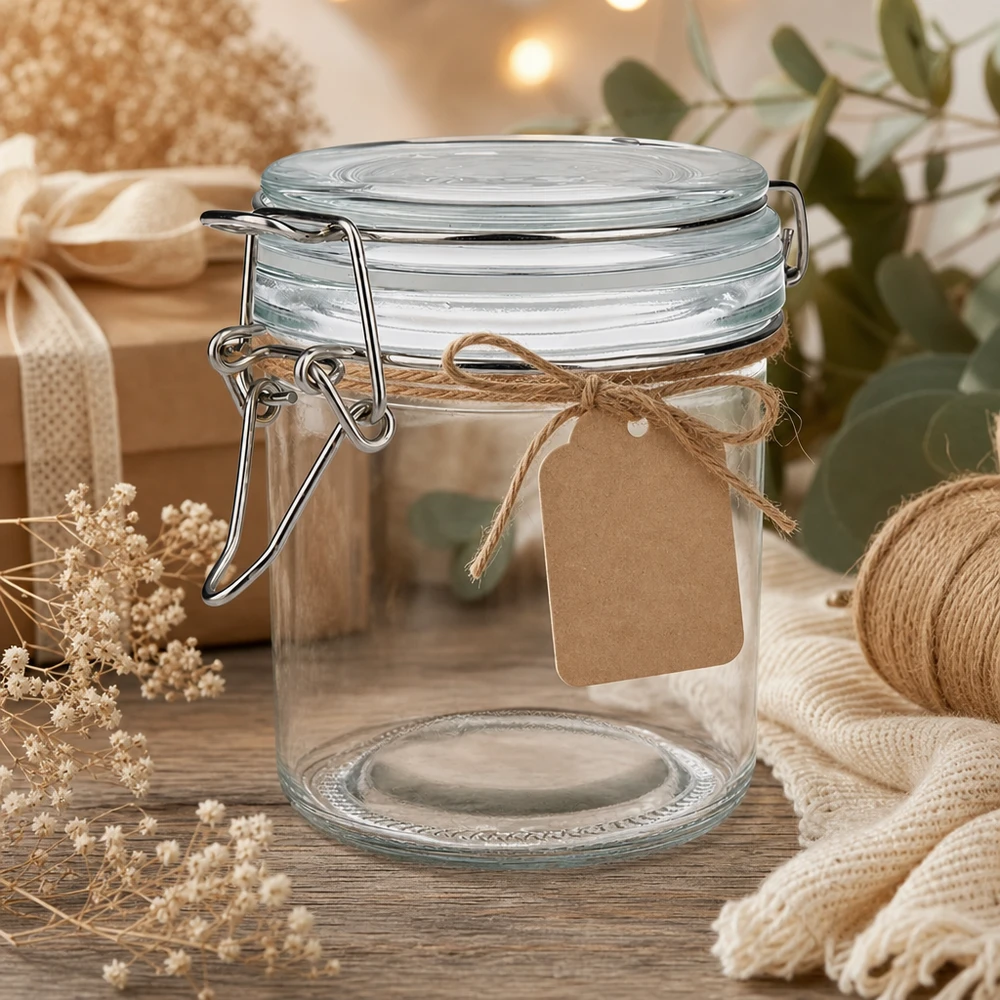 Pot de réserve 250ml type S avec fermeture à étrier UN. Pot transparent de 250 ml avec fermeture à étrier et étiquette en papier kraft pour une organisation stylée de la cuisine