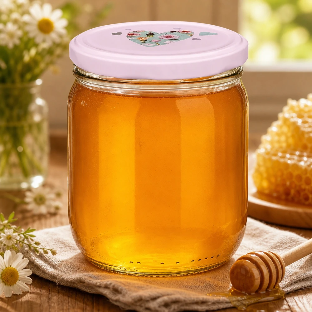 Pot rond 425 ml + couvercle BasicSeal cur rose UNiTWIST Miel en pot rond rose de 425ml Couvercle en forme de cœur avec cuillère à miel Nid d'abeille Pâquerette Décoration naturelle