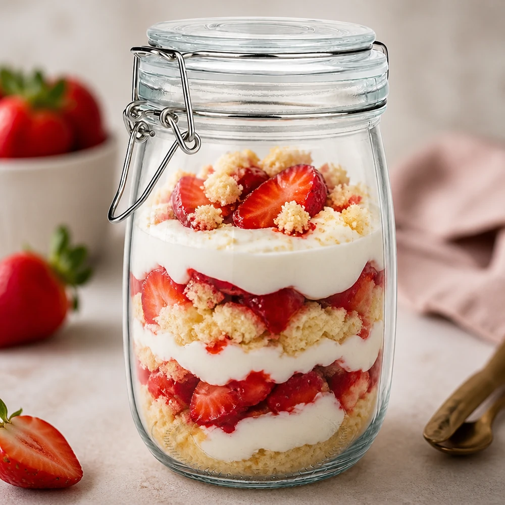Pot de réserve 1000ml type S avec fermeture à étrier UN. Grand bocal de 1000 ml avec dessert à la fraise - idéal pour la préparation des repas et la conservation des desserts