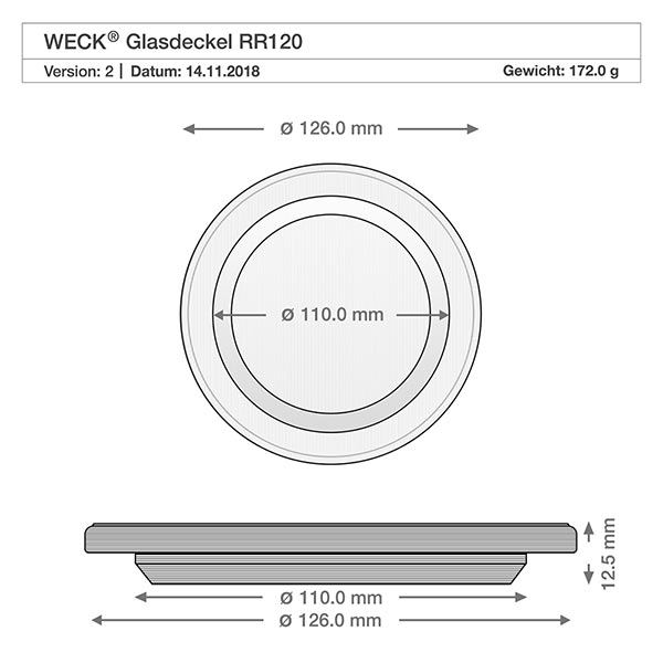 300ml bocal gourmet complet WECK RR120 WECK couvercle en verre RR120 dessin technique avec dimensions 126mm et 110mm de diamètre, 12,5mm de hauteur pour bocal gourmet