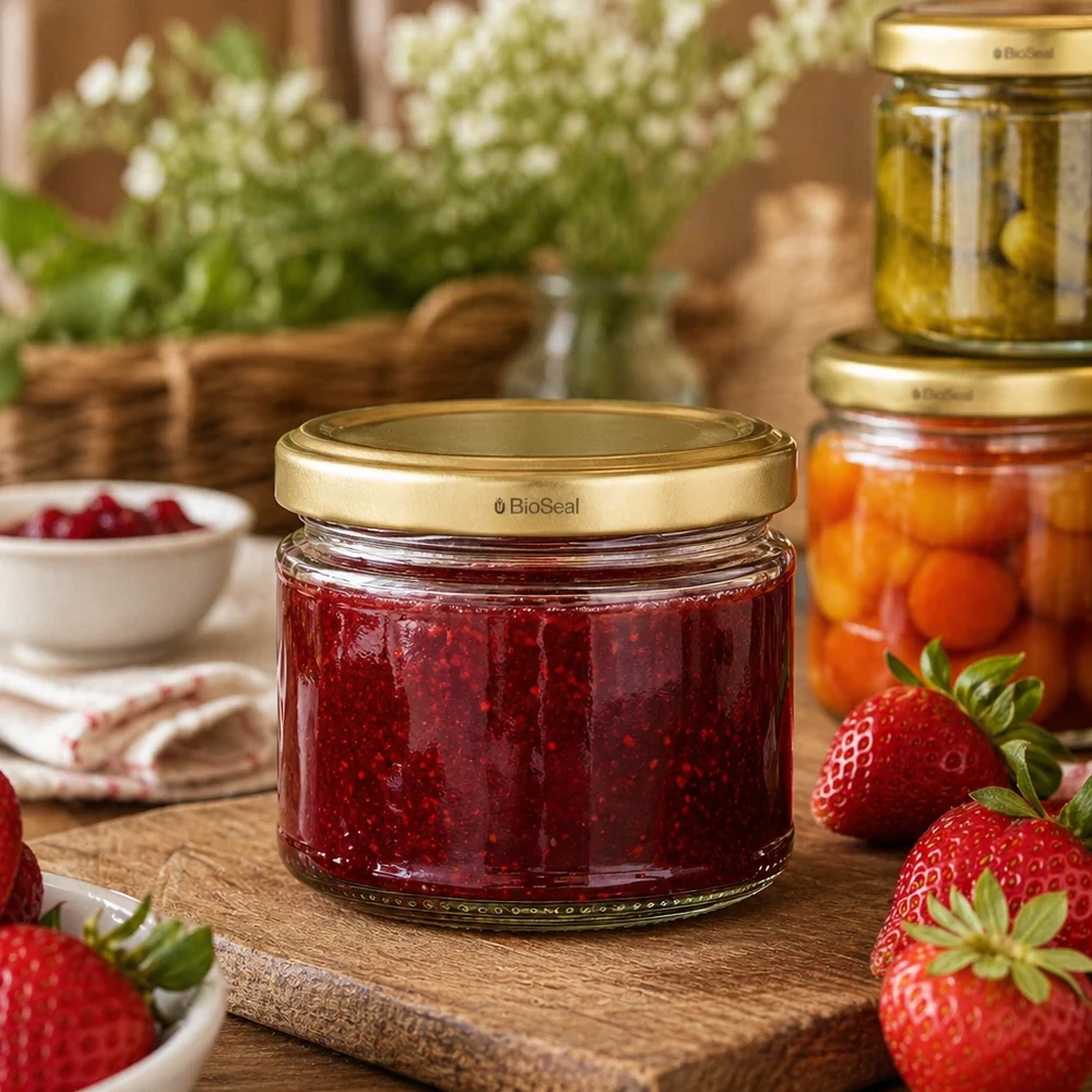 330ml Verre rond avec couvercle BioSeal or UNiTWIST UniTWIST Runda330 Glas gefüllt mit Erdbeermarmelade zeigt praktische Verwendung für hausgemachte Konfitüren und Aufstric