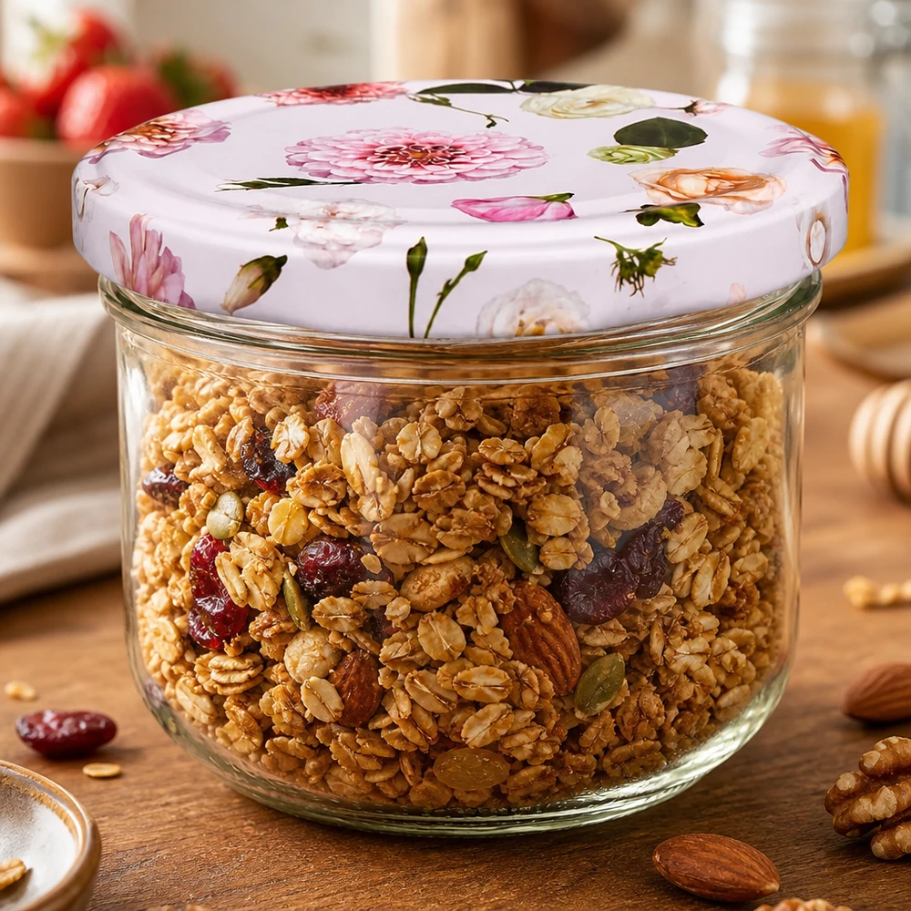Pot à provisions 260ml avec couvercle rose à fleurs rempli de céréales et de noix - rangement pratique pour la cuisine