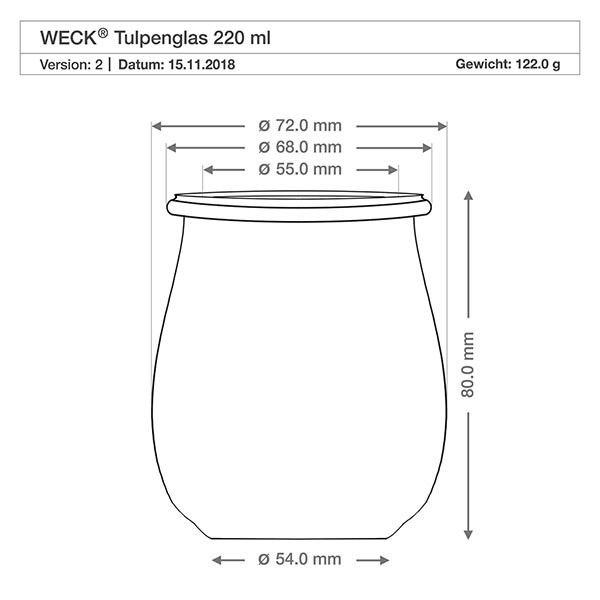 220ml bocal tulipe WECK RR60 WECK Pot tulipe 220ml RR60 dessin technique avec dimensions, diamètre et hauteur en millimètres