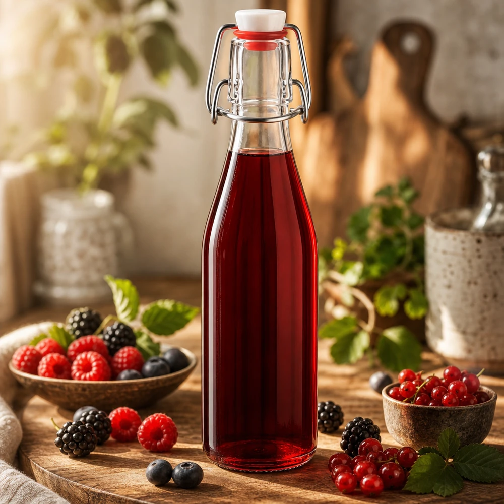 Bouteille en verre de 250 ml avec bouchon à étrier remplie de jus de baies rouges, entourée de baies fraîches dans une cuisine rustique