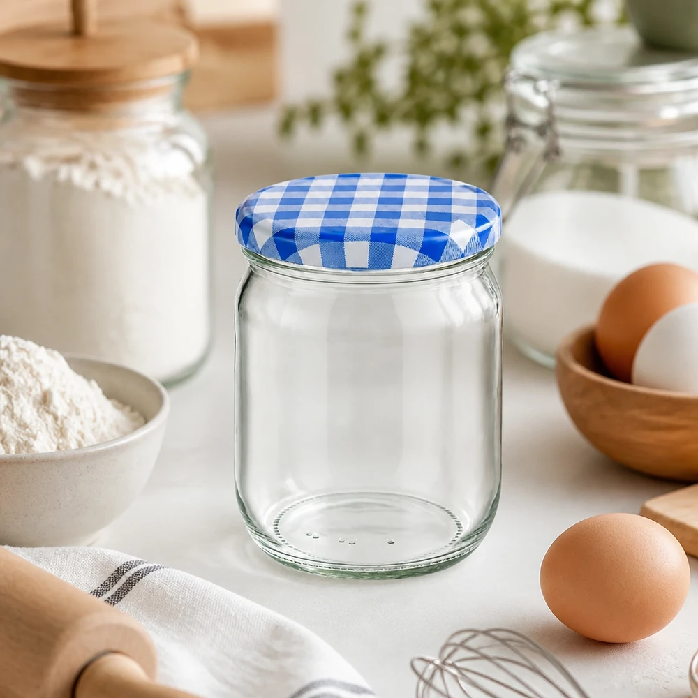425ml bocal rond vide dans une scène de cuisine avec des ingrédients de pâtisserie montre une utilisation polyvalente comme bocal de stockage avec couvercle BasicSeal