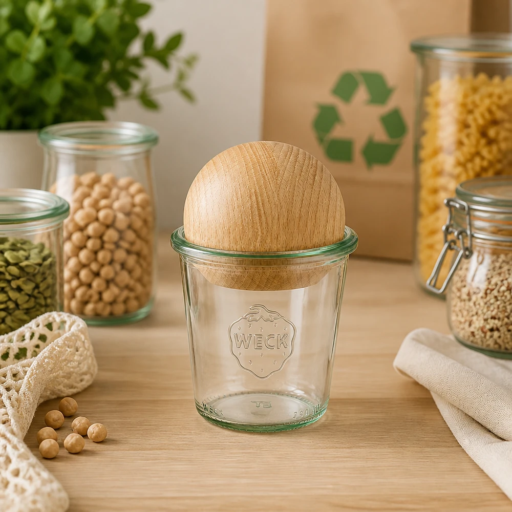 WECK Verre renversé 290ml RR80 avec boule en hêtre dans la cuisine durable zéro déchet entre les bocaux de réserve et le symbole de recyclage