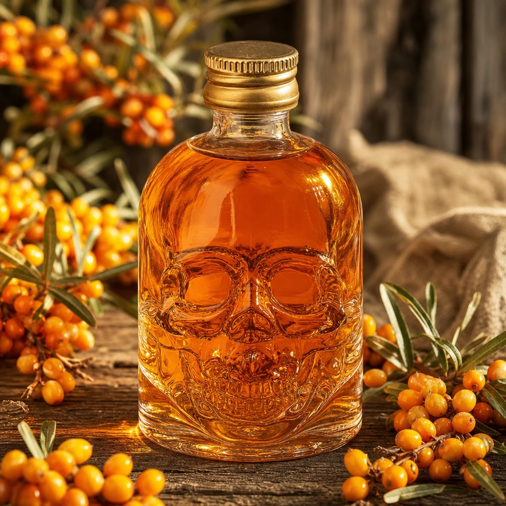 Bouteille en verre Hector de 50 ml avec relief de tête de mort et contenu ambré parmi des baies d'argousier sur une table en bois