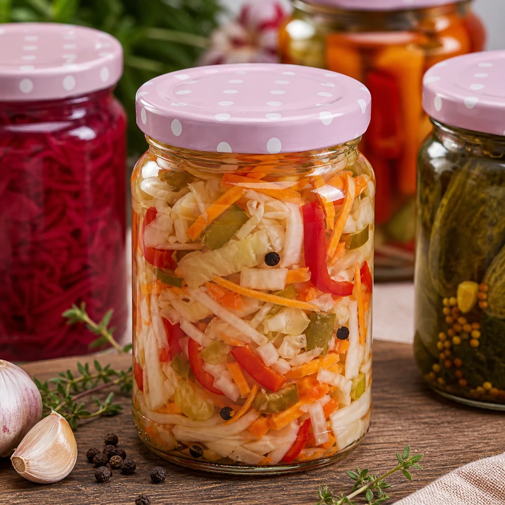 205ml Rundglas mit rosa Punkte-Deckel gefüllt mit buntem Gemüse-Mix neben anderen Konservengläsern auf Holztisch