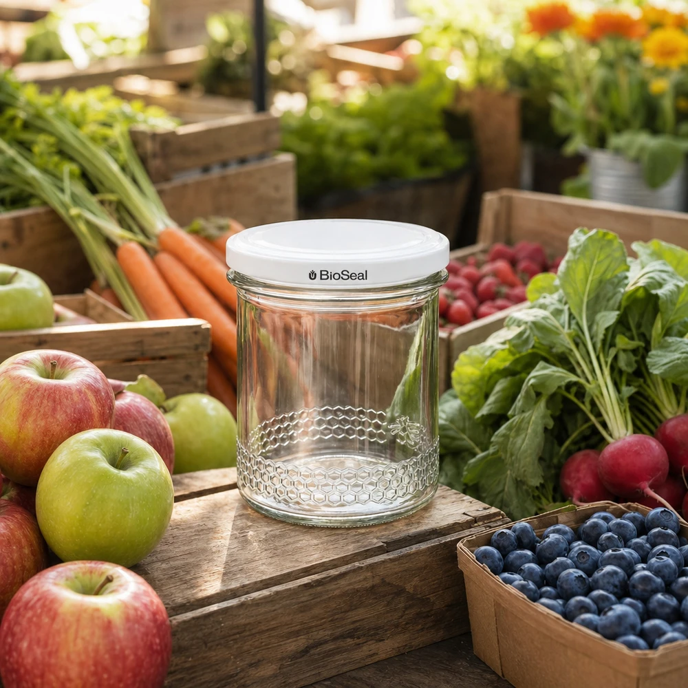 Pot à miel 560 g avec couvercle blanc BioSeal UNiTWIST Un pot de miel vide de 400 ml avec couvercle BioSeal entre les fruits et légumes frais montre une utilisation polyvalente