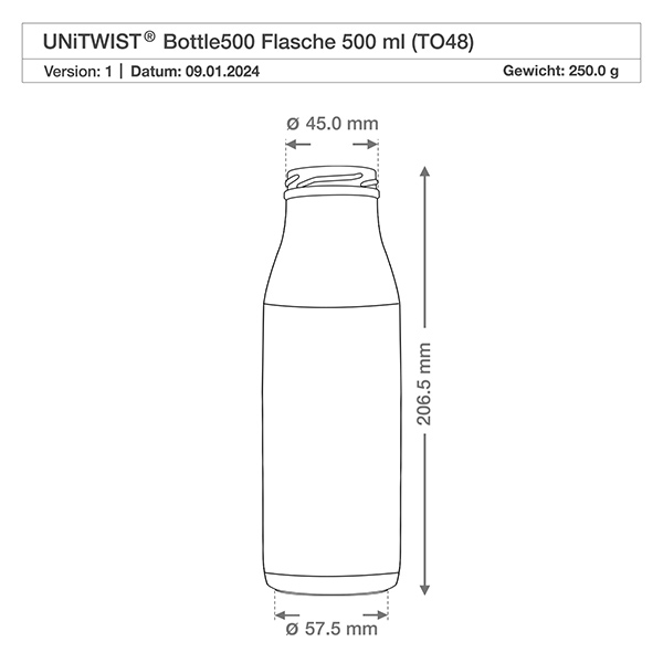 500ml Bouteille sans bouchon (TO48) UNiTWIST Dessin technique de la bouteille en verre de 500 ml TO48 UNiTWIST avec les dimensions : hauteur 205,5mm, diamètre 57,5mm, poids 250g