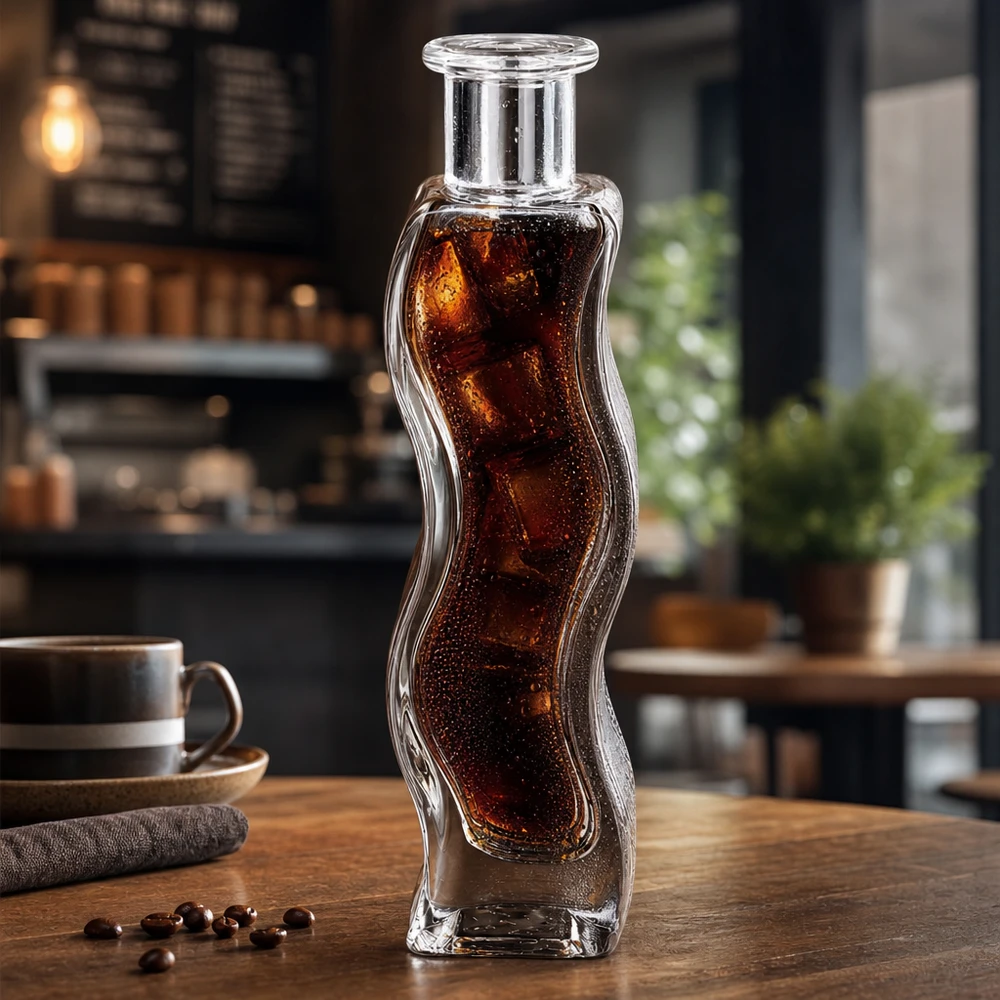 Bouteille en verre Melissa 100ml remplie de boisson au cola et de glaçons dans une ambiance de café moderne sur une table en bois