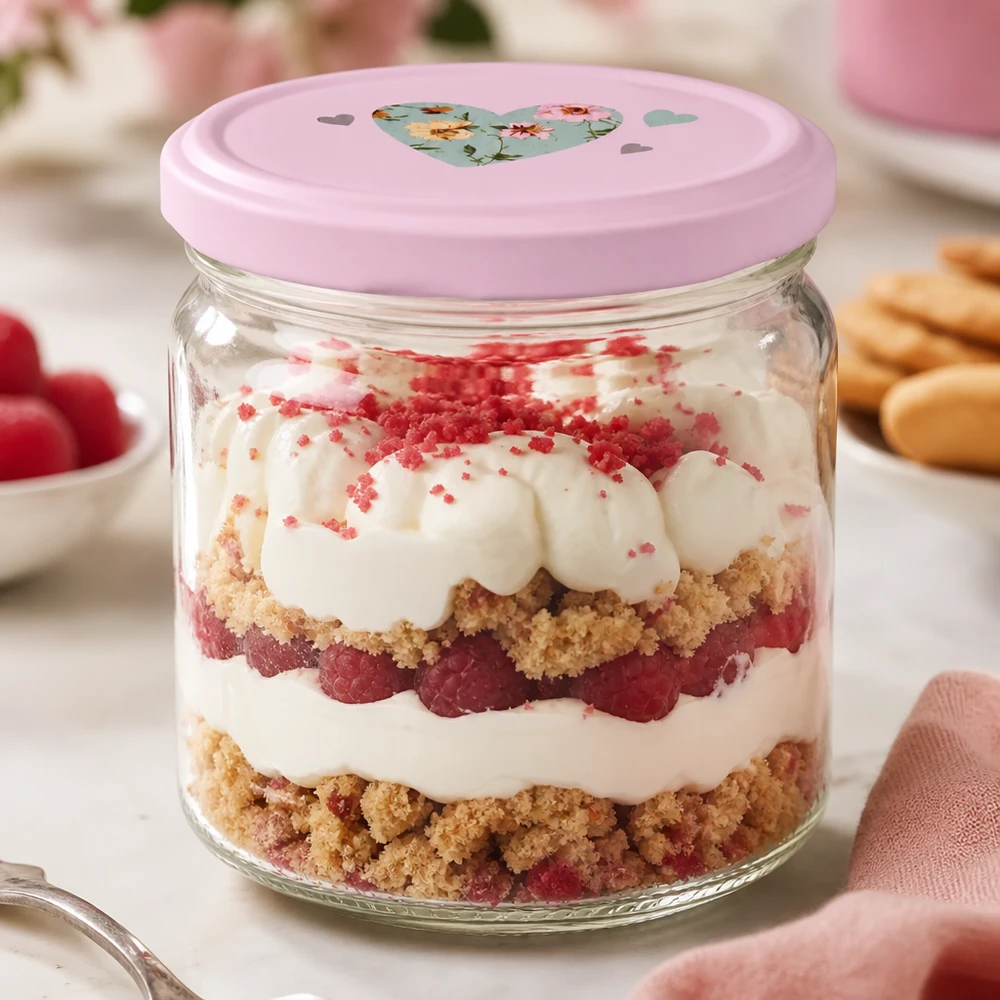 Pot rond de 408 ml + couvercle BasicSeal cur rose UNiTWIST Verre rond de 408 ml avec couvercle en forme de cœur rose, utilisé comme verre à dessert pour le dessert en couches, servi avec des baies et de la crème.