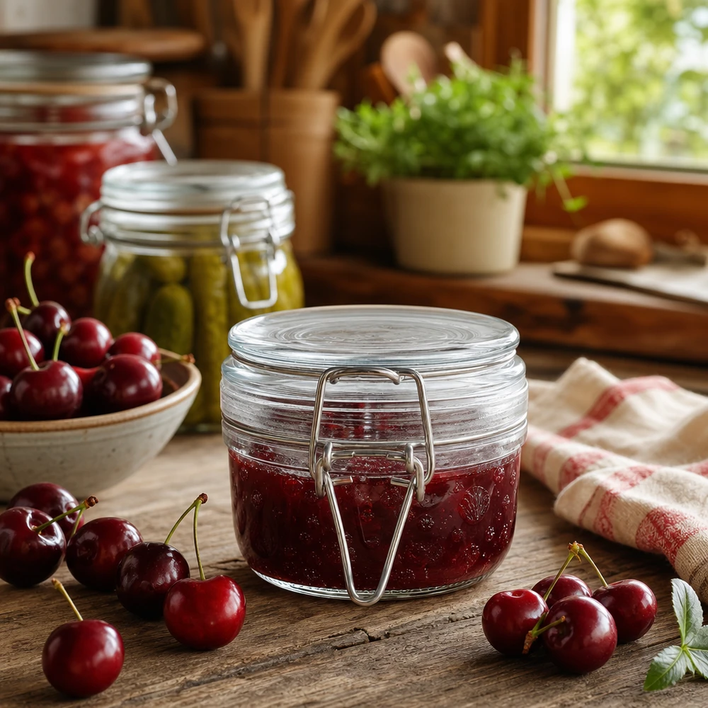 Pot de réserve 200ml type S avec fermeture à étrier UN.. Pot rond de 200 ml avec fermeture à étrier, parfait pour les confitures et marmelades maison.