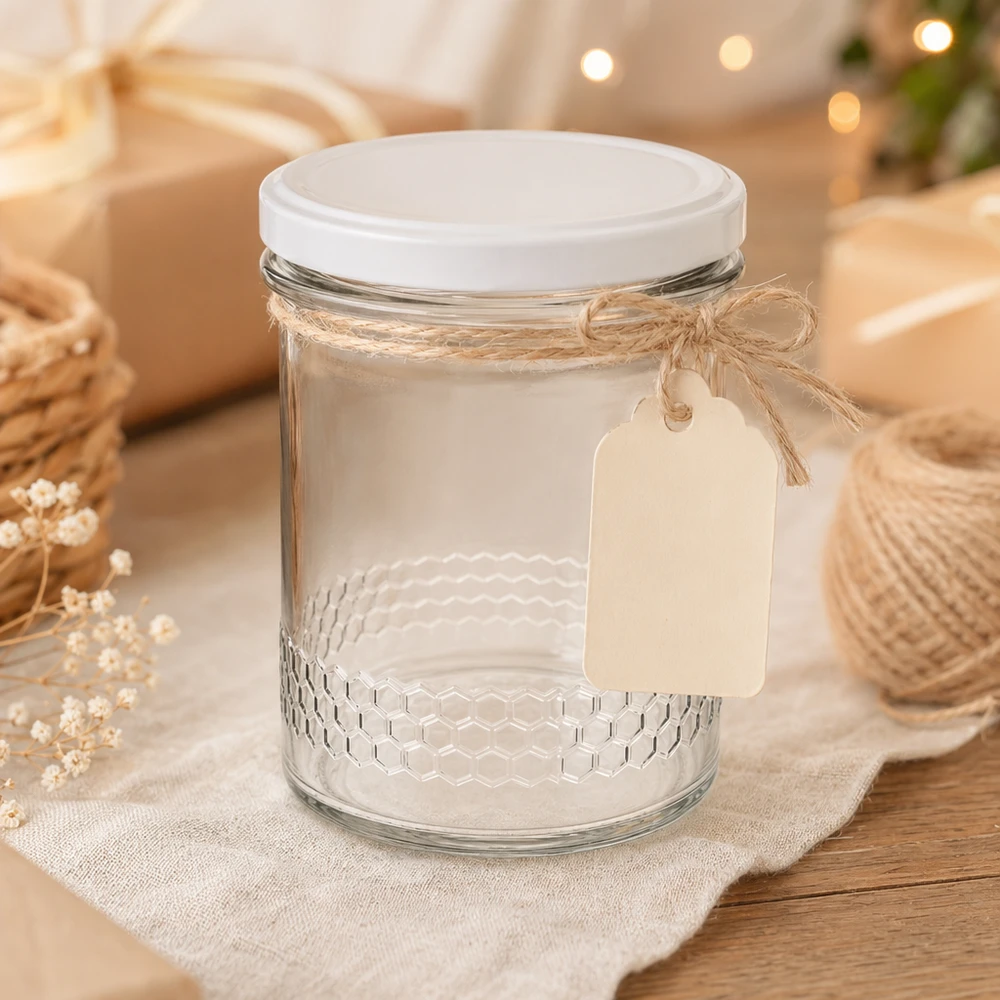 Pot à miel 560 g avec couvercle blanc BasicSeal UNiTWIST Pot de miel de 400 ml avec corde de jute et étiquette cadeau décoration rustique BasicSeal couvercle blanc système UNiTWIST
