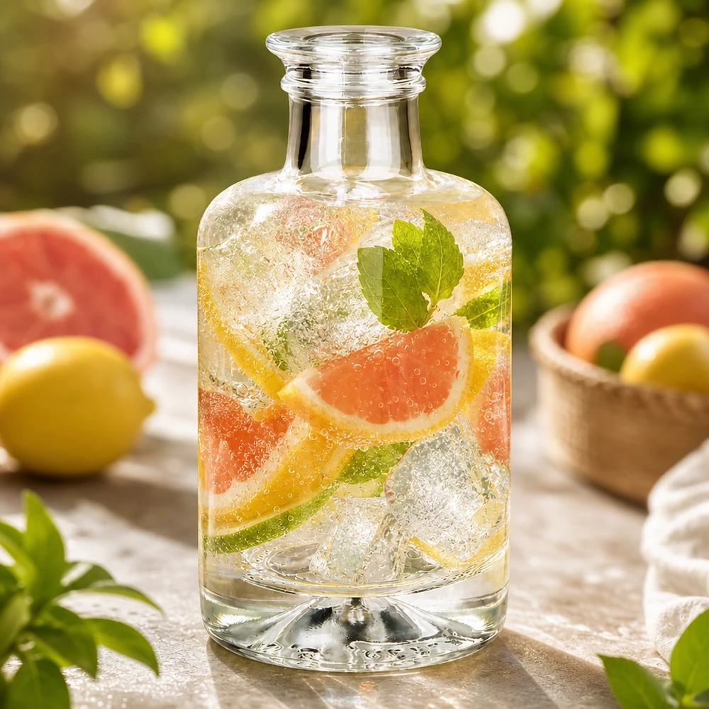 Bouteille en verre Sofia de 100 ml remplie d'eau infusée au pamplemousse et à la menthe et de glace ambiance extérieure aux agrumes
