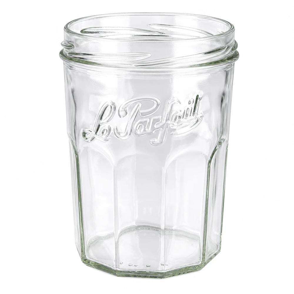 Le Parfait® Jam 385 ml Ø82 mm pot confiture Le Parfait bocal 385ml sans couvercle présente une élégante structure rainurée et le marquage de la marque pour la confiture