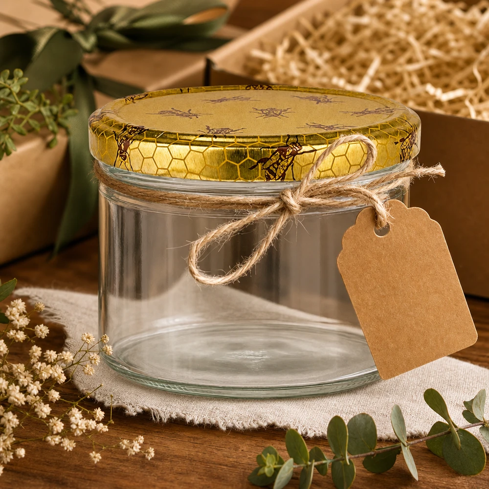 225ml verre renversé + couvercle BasicSeal nid d'abeille UN. 225ml pot vide BasicSeal couvercle en nid d'abeille emballage cadeau ruban en raphia pendentif en papier kraft décoration