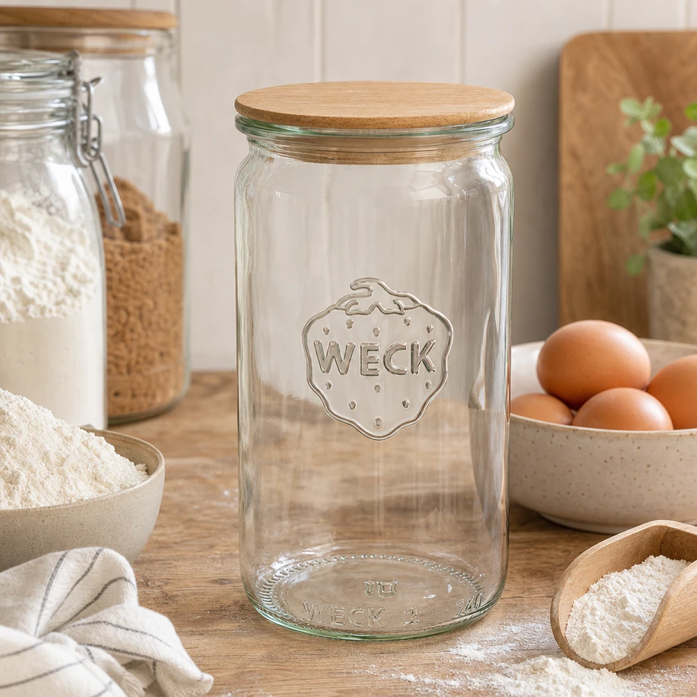 WECK Bocal cylindrique 340ml RR60 Couvercle en bois dans la cuisine avec farine Œufs et bocaux à provisions comme accessoires de pâtisserie conservation