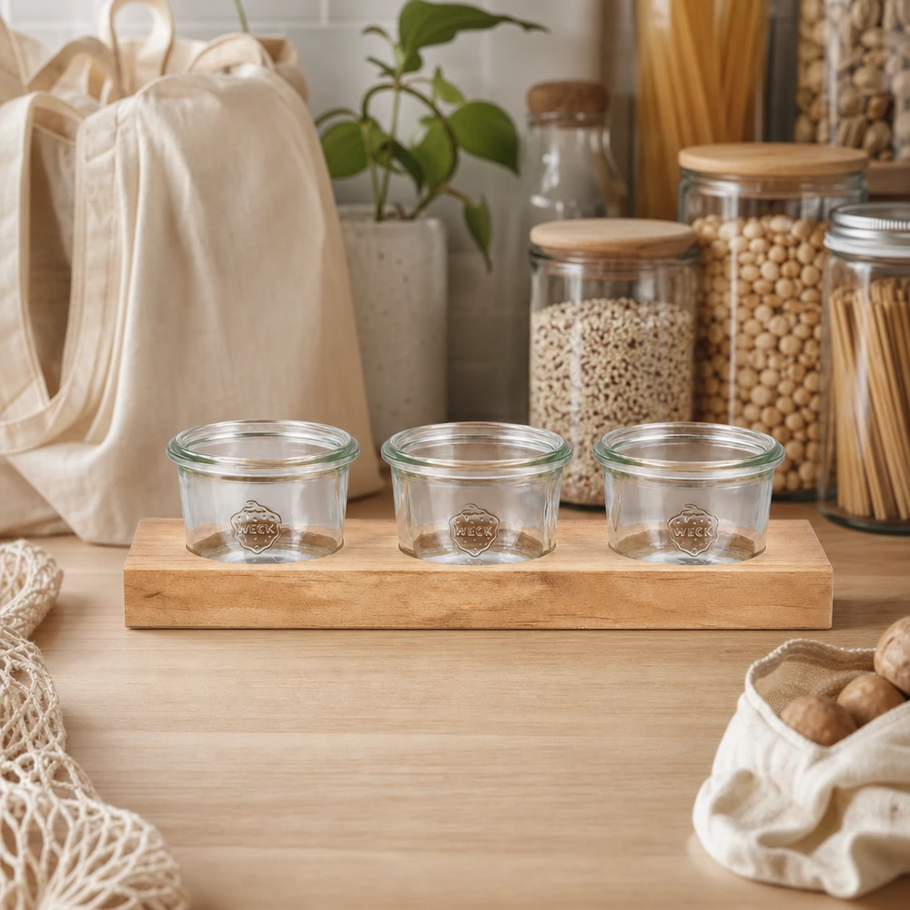 Support de service en bois avec trois petits bocaux WECK