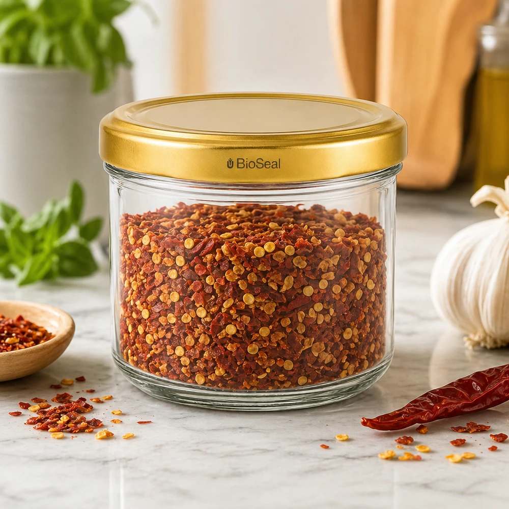 260ml Verre conique avec couvercle BioSeal or UNiTWIST UNiTWIST Verre renversé 260ml rempli d'épices au chili - couvercle TO82 BioSeal doré pour la conservation des épices