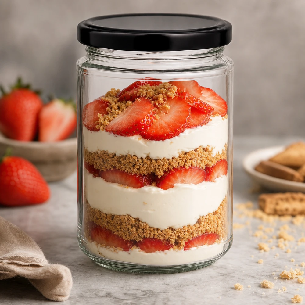 390ml Verre rond avec couvercle BasicSeal noir UNiTWIST 390ml Verre rond BasicSeal Couvercle noir Fraise Tiramisu Dessert en couches Mascarpone Biscuit à la cuillère Verre à dessert