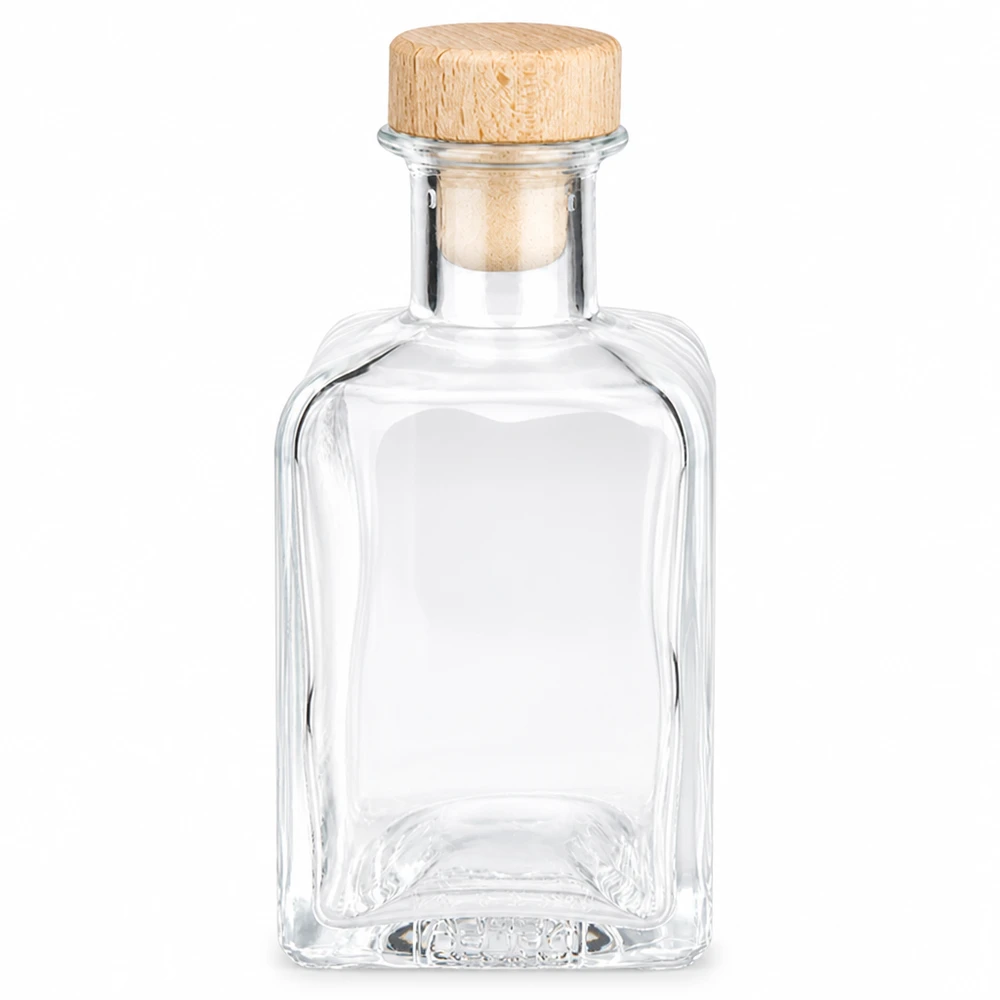 Bouteille en verre Clara de 200ml avec bouchon en bois vide transparent rectangulaire Bouchon Déco