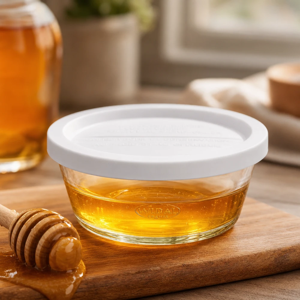 WECK RR120 Pot gourmet 300ml rempli de miel sur planche en bois avec cuillère à miel comme exemple d'utilisation