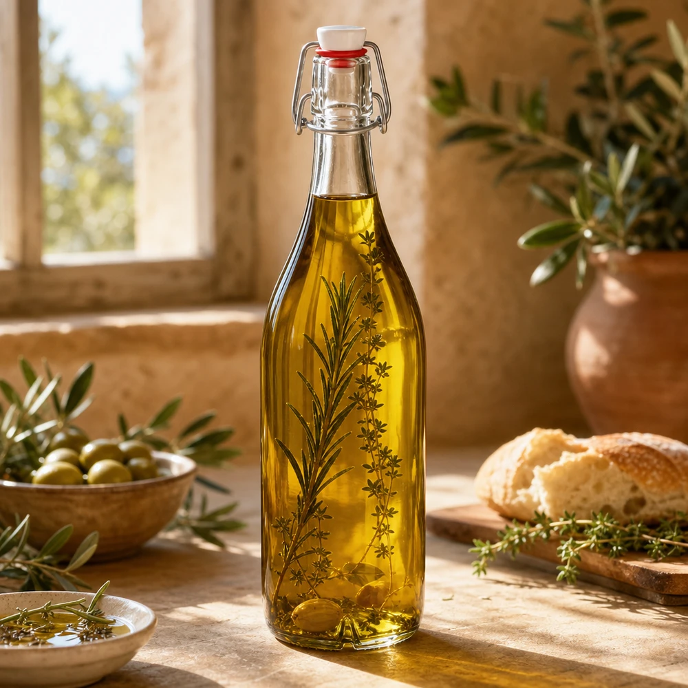 Bouteille en verre de 1000 ml + bouchon mécanique en PVC UNiTWIST Bouteille en verre de 1000 ml avec bouchon à étrier remplie d'huile d'olive et d'herbes aromatiques Cuisine méditerranéenne Lifestyle Utilisation