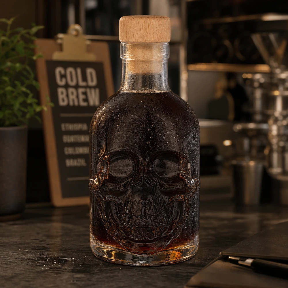 Bouteille en verre 200 ml « Jack » avec bouchon en bois UNiTWIST® Bouteille en verre Jack 200ml à tête de mort contenant un spiritueux sombre dans une atmosphère de café, panneau Cold Brew en arrière-plan