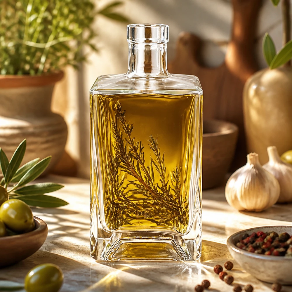 Flacon en verre « Ben » 700 ml sans bouchon UNiTWIST® Bouteille en verre Ben 700ml remplie d'huile d'olive et d'herbes aromatiques dans la cuisine méditerranéenne comme exemple d'utilisation