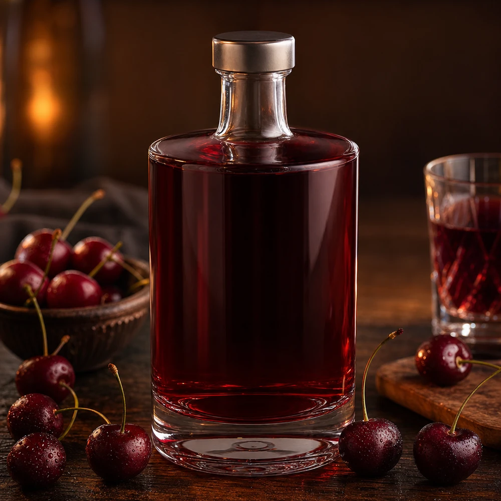 Bouteille en verre de 500 ml Sam remplie de liqueur de cerise entre des cerises fraîches atmosphère de cheminée confortable moment de plaisir