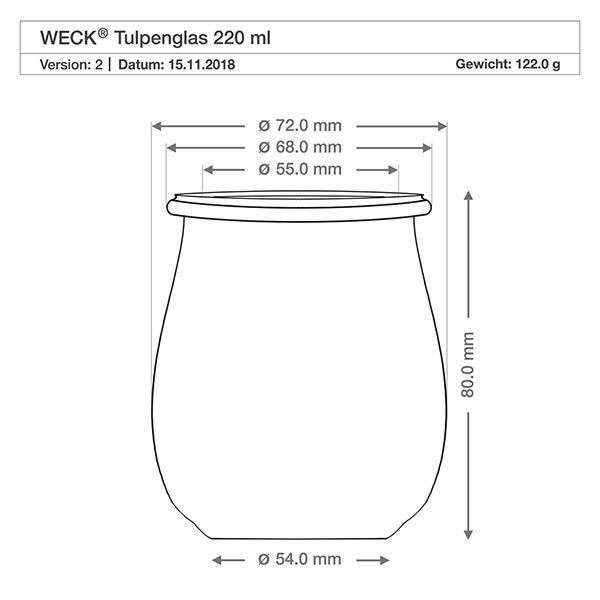 220ml bocal tulipe WECK RR60 avec bouchon nature Dessin technique WECK Pot tulipe 220ml RR60 avec cotes et dimensions - Spécification produit pot de conservation