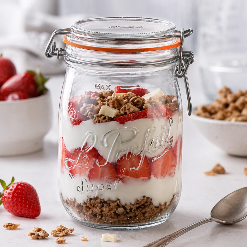 1000ml Le Parfait Super Pot à provisions avec fermeture à étrier rempli de yaourt fraises et de céréales pour le dessert