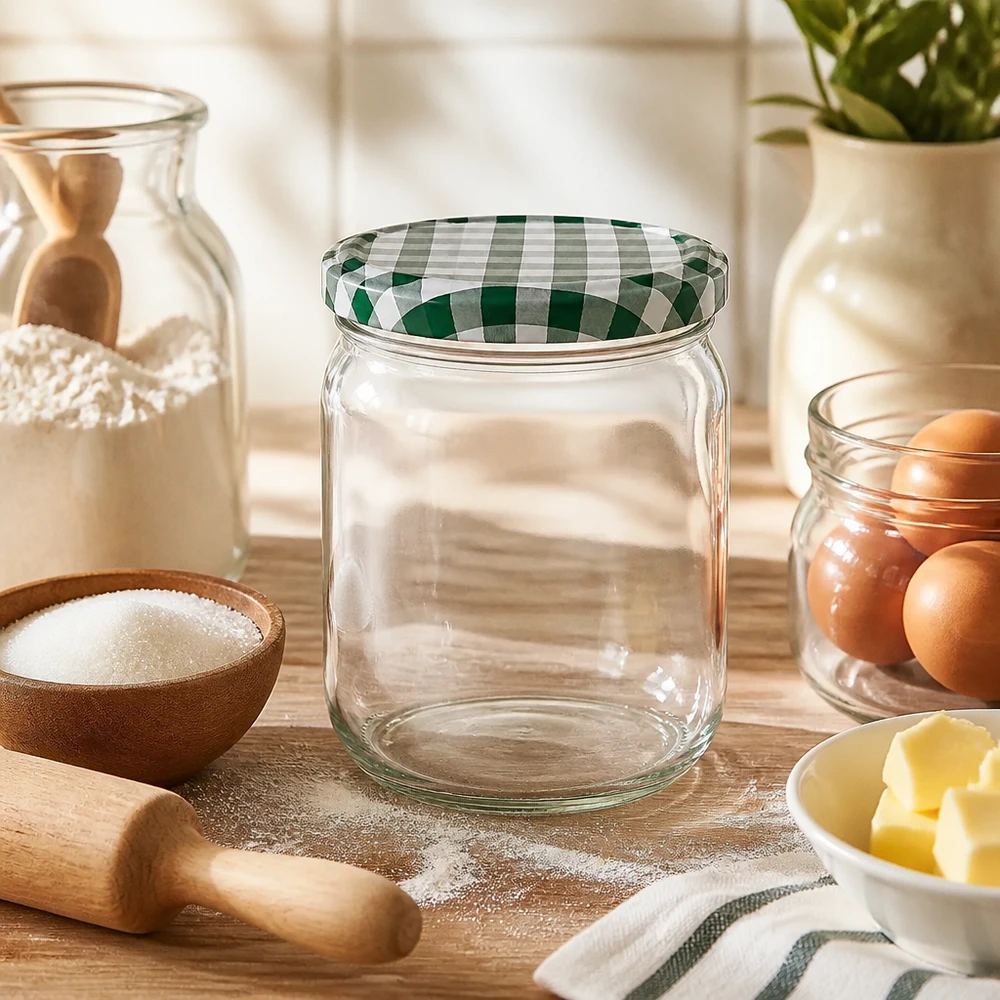 425ml pot rond vide avec couvercle BasicSeal vert et blanc dans la cuisine entre les ingrédients de cuisson comme la farine, les œufs et le beurre.