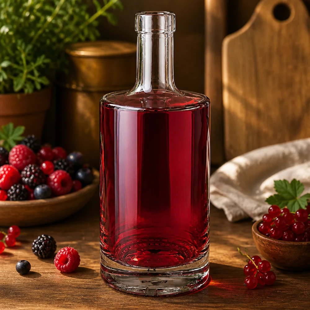 Bouteille en verre Nora de 500 ml remplie de jus de baies rouges entourée de baies fraîches dans une cuisine rustique UNiTWIST