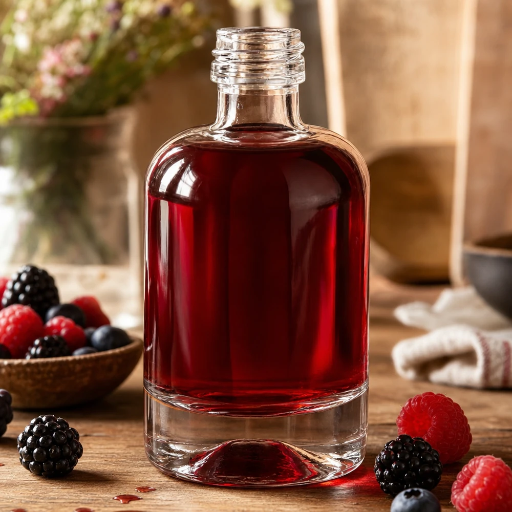 Flacon en verre 40 ml « Sara » sans bouchon à vis UNiTWIST® Bouteille en verre Sara de 40ml remplie de liqueur de baies rouges entourée de baies fraîches comme décoration sans bouchon