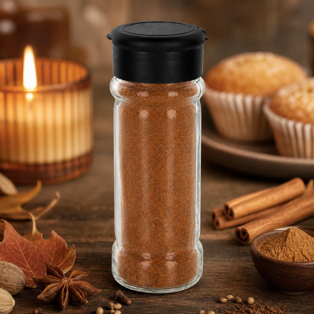 Pot à sel/épices 100 ml avec saupoudreuse, noir Pot à épices de 100 ml rempli de cannelle, avec une saupoudreuse noire, à côté de bâtons de cannelle et de muffins