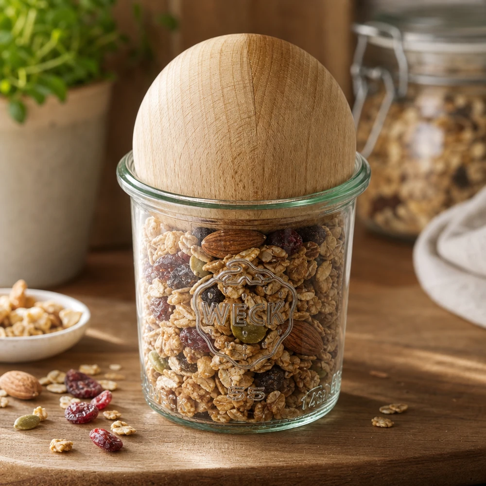 WECK Pot de conservation 140ml RR60 rempli de noix et de fruits secs, bouchon boule en bois en hêtre comme couvercle