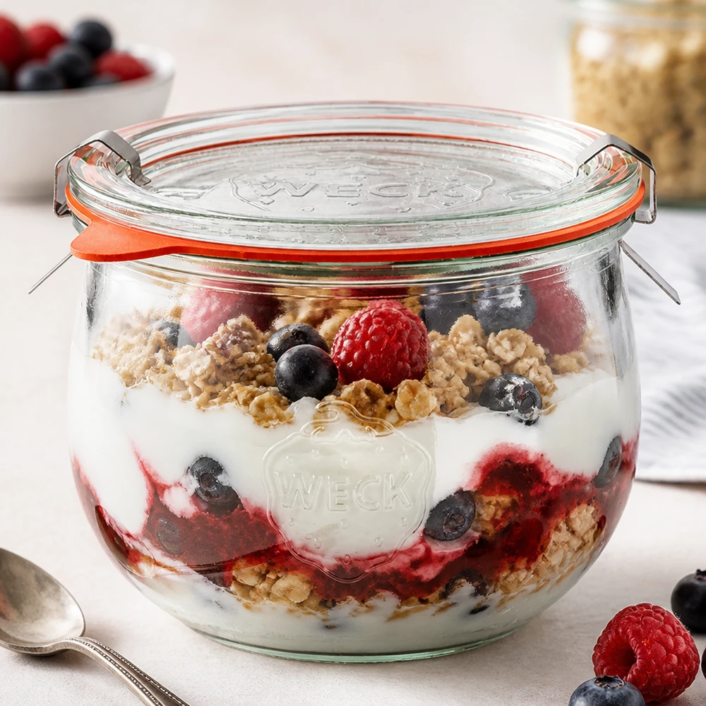 Bocal tulipe WECK présenté avec yaourt, baies et granola