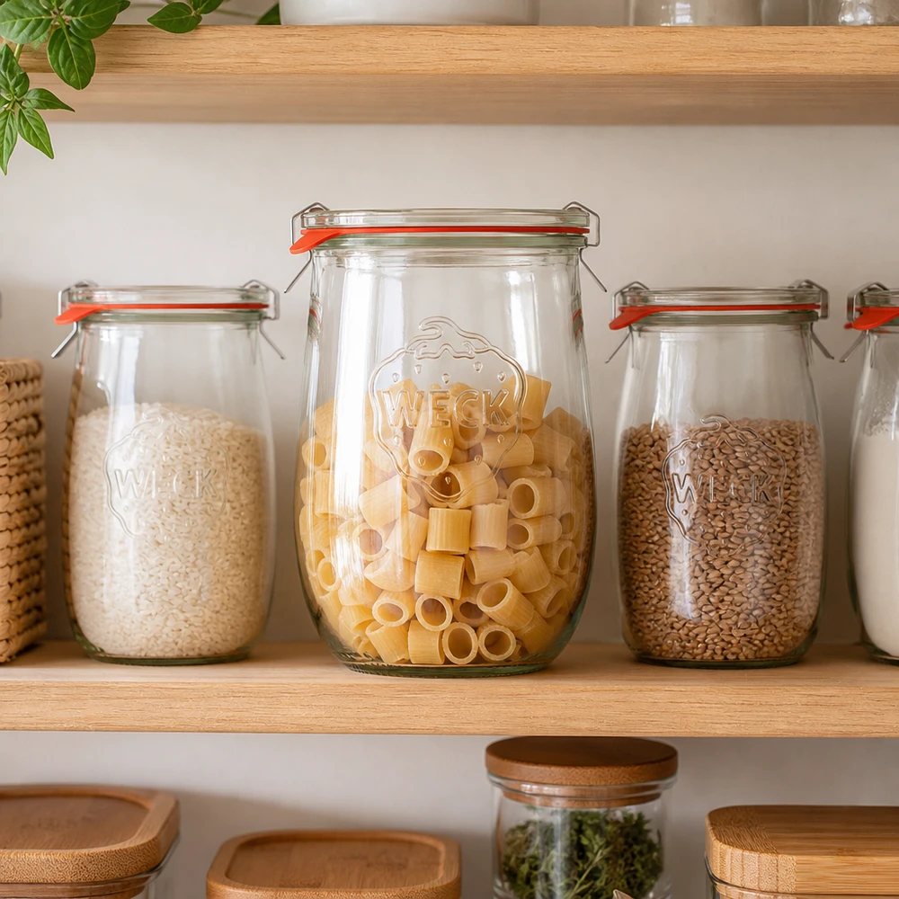 1062ml bocal tulipe complet WECK RR100 WECK Pot tulipe 1062ml RR100 comme boîte de conservation pour le riz, les pâtes et les lentilles dans une cuisine organisée avec des étagères en bois