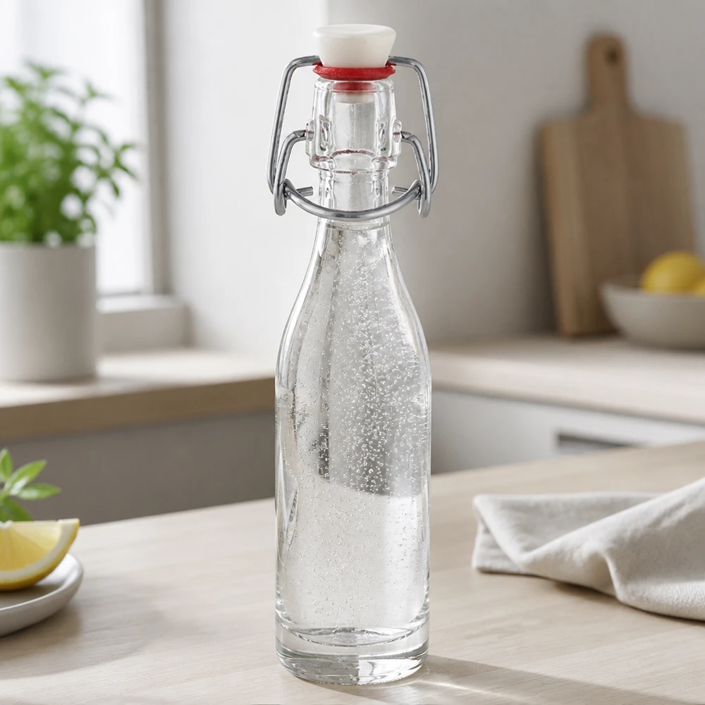 Bouteille en verre de 50 ml avec bouchon à étrier, remplie d'eau dans une cuisine moderne - utilisation pratique au quotidien