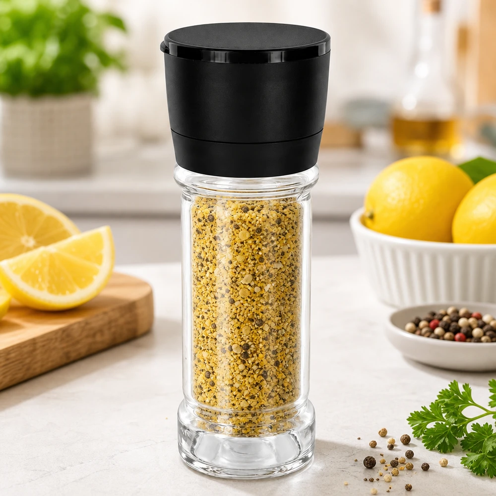 Mise en situation d’un bocal en verre pour les épices, sels et mélanges secs