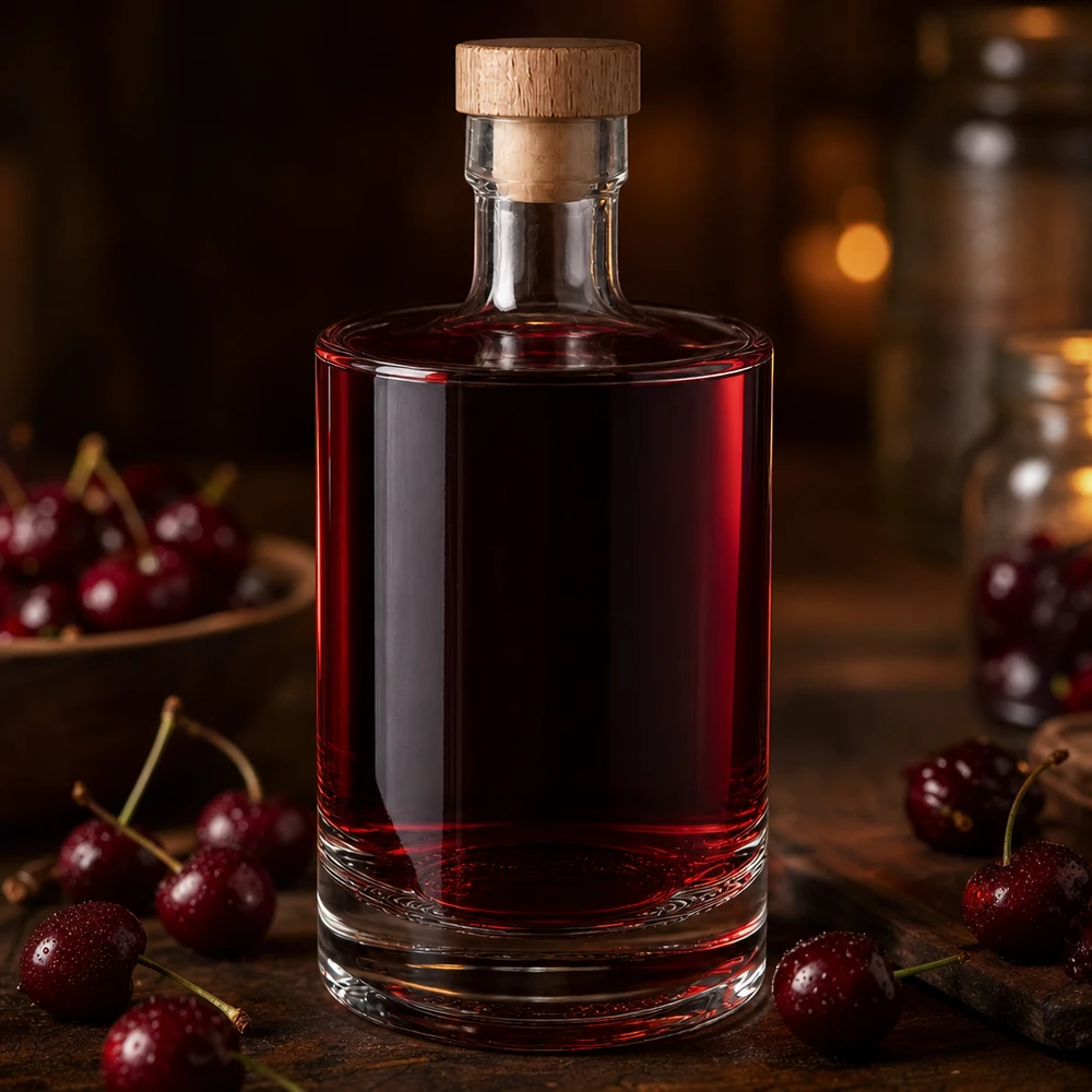 Bouteille en verre 500 ml « 500ml Glasflasche "Marie" mit Holzgriff-Korken UNiTWIST » avec bouchon en bois UNiTWIST® Bouteille en verre Marie de 500ml remplie de liqueur de cerise rouge - bouchon en bois - photo de produit Lifestyle avec des cerises