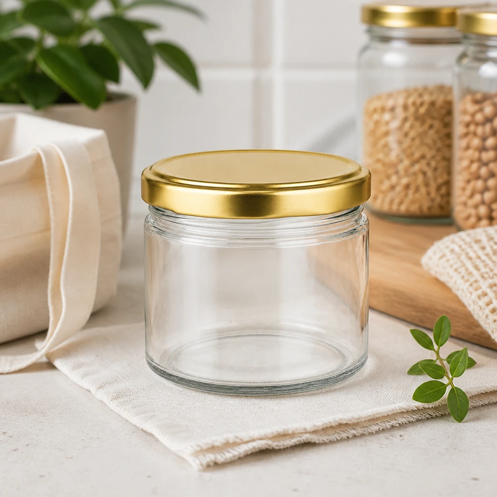 540ml Verre rond avec couvercle BasicSeal or UNiTWIST Verre rond de 540ml avec couvercle doré BasicSeal vide en décoration de cuisine durable avec fibres naturelles et plantes