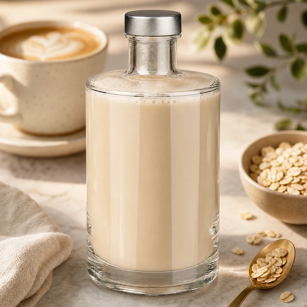 Bouteille en verre 375 ml « Sam » et bouchon à vis argenté UNiTWIST® Bouteille en verre Sam de 375 ml remplie de lait d'avoine crémeux à côté d'une tasse de café et de flocons d'avoine dans une cuisine lumineuse
