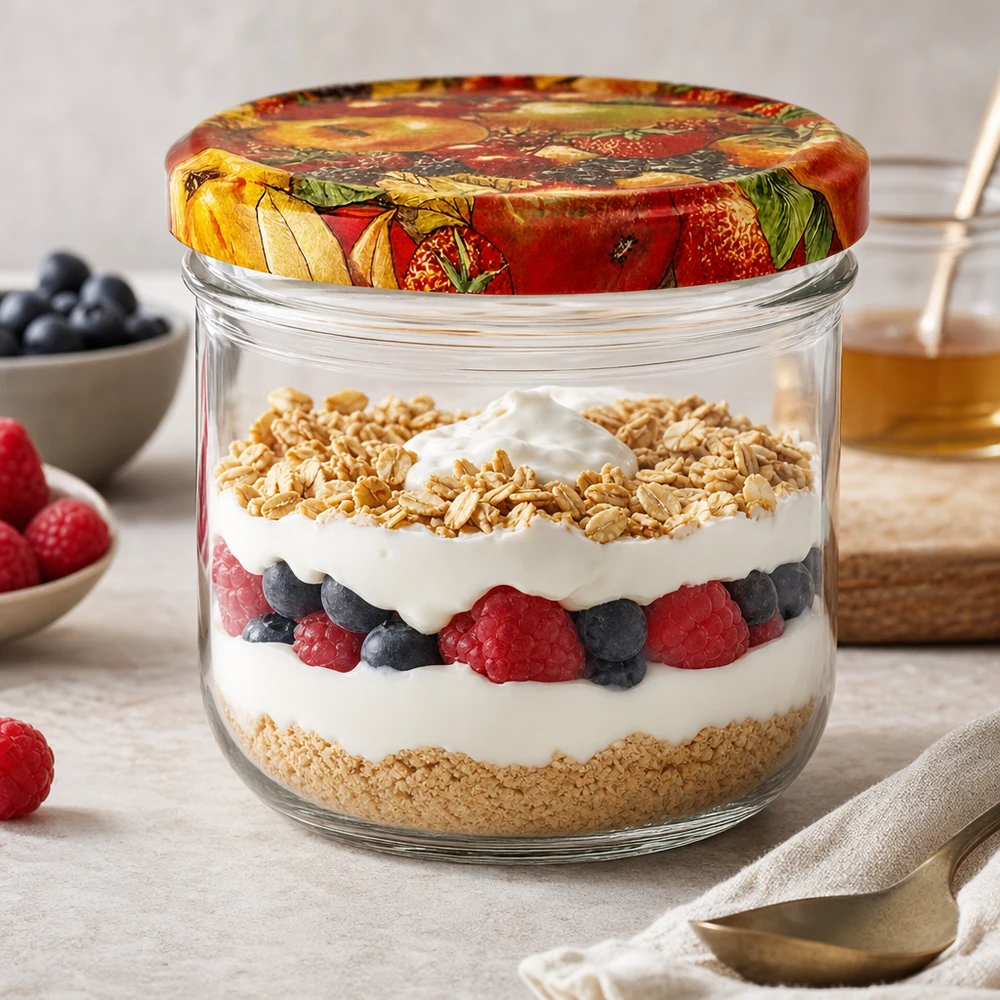 260ml Verre renversé décor fruits comme verre à dessert avec yaourt baies et granola dessert en couches sur le plan de travail de la cuisine