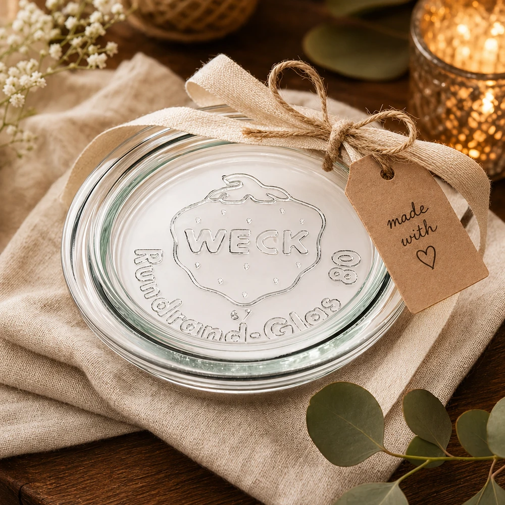 WECK Couvercle en verre RR80 emballé comme cadeau avec boucle en jute et pendentif made with love décoré sur toile de lin