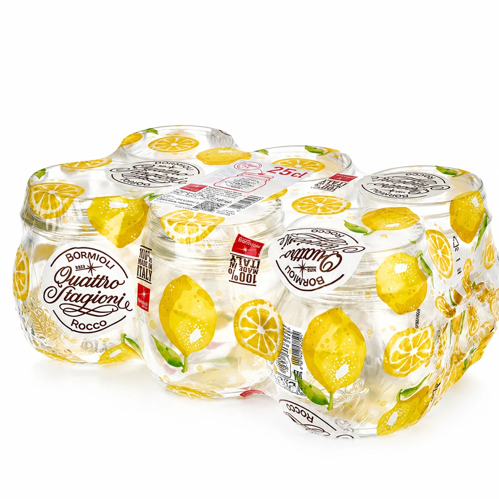 250ml Verre rond "Quattro Stagioni" QS70mm Bormioli Rocco Quattro Stagioni bocaux de 250ml avec motif de citron et couvercle à visser set de 6 bocaux